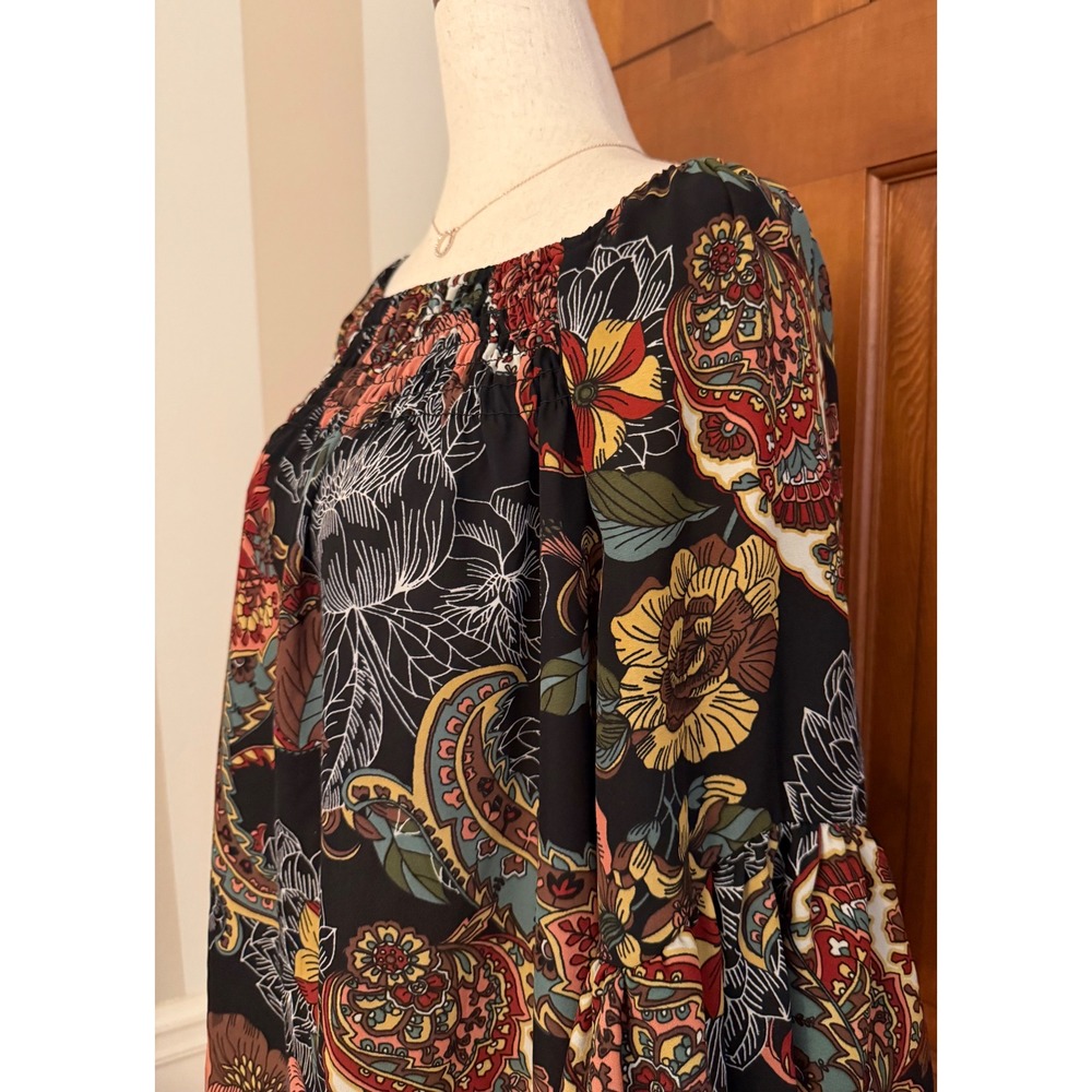 Spense Dark Floral Blouse Women XL Black Bohemian Festival Flowy Bell Sleeve Top